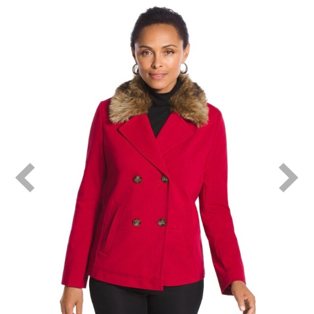 Chico’s faux-fur collar and ponte fabric pea coat